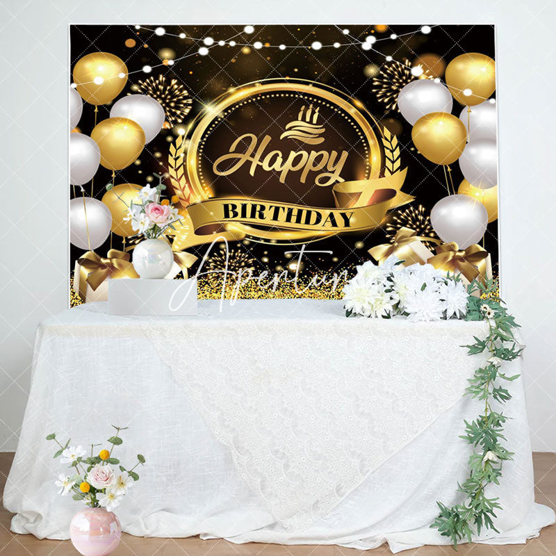 Aperturee - Aperturee Gold Glitter Balloons Crown Happy Birthday Backdrop