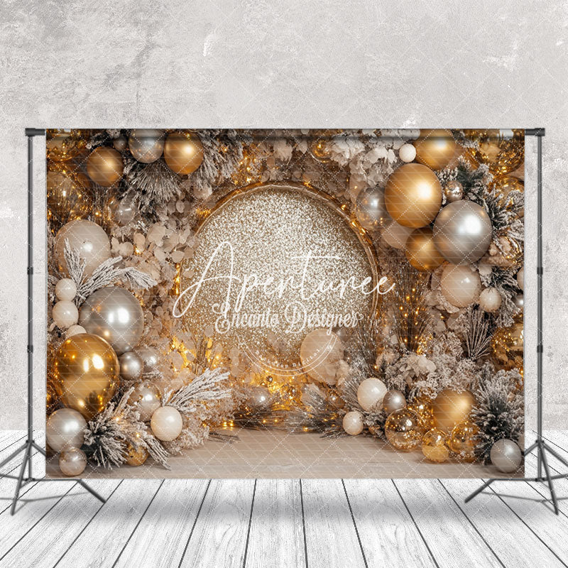 Aperturee - Aperturee Gold Glitter Balloons Pine Leaves Christmas Backdrop