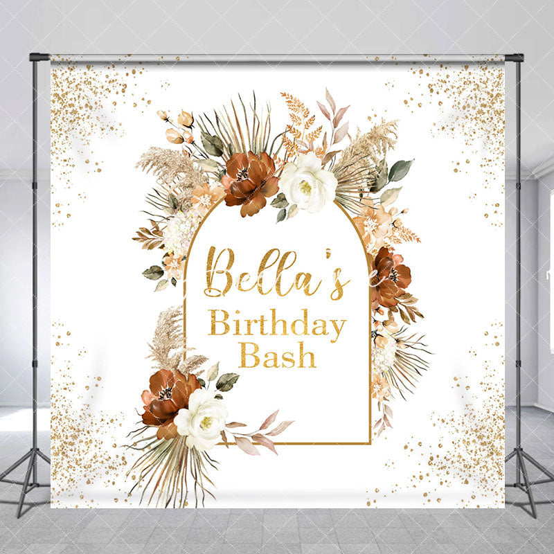 Aperturee - Aperturee Gold Glitter Boho Floral Custom Birthday Backdrop