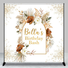 Aperturee - Aperturee Gold Glitter Boho Floral Custom Birthday Backdrop