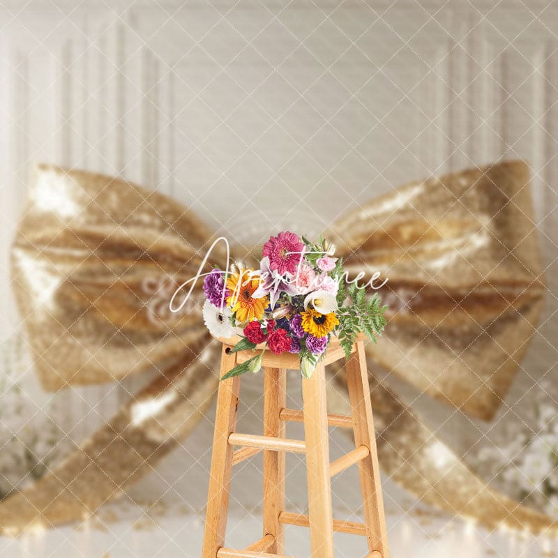 Aperturee - Aperturee Gold Glitter Bow White Wall Floral Wedding Backdrop