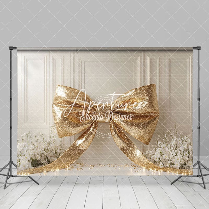 Aperturee - Aperturee Gold Glitter Bow White Wall Floral Wedding Backdrop