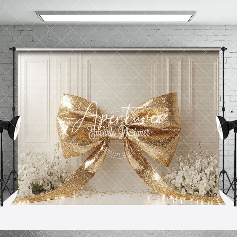 Aperturee - Aperturee Gold Glitter Bow White Wall Floral Wedding Backdrop