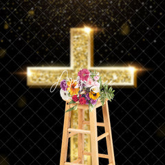 Aperturee - Aperturee Gold Glitter Cross Black Bokeh Easter Photo Backdrop