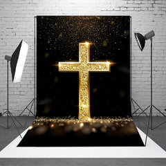 Aperturee - Aperturee Gold Glitter Cross Black Bokeh Easter Photo Backdrop