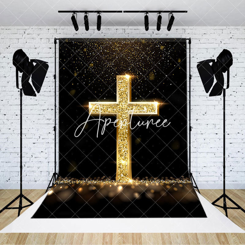 Aperturee - Aperturee Gold Glitter Cross Black Bokeh Easter Photo Backdrop