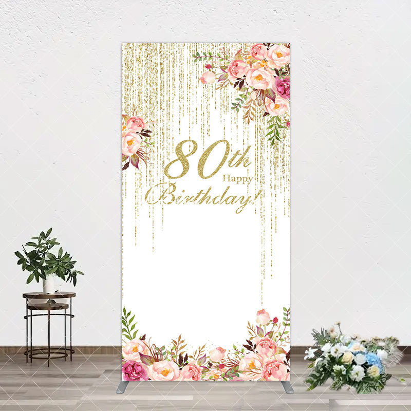 Aperturee - Aperturee Gold Glitter Floral 80th Birthday Arch Backdrop