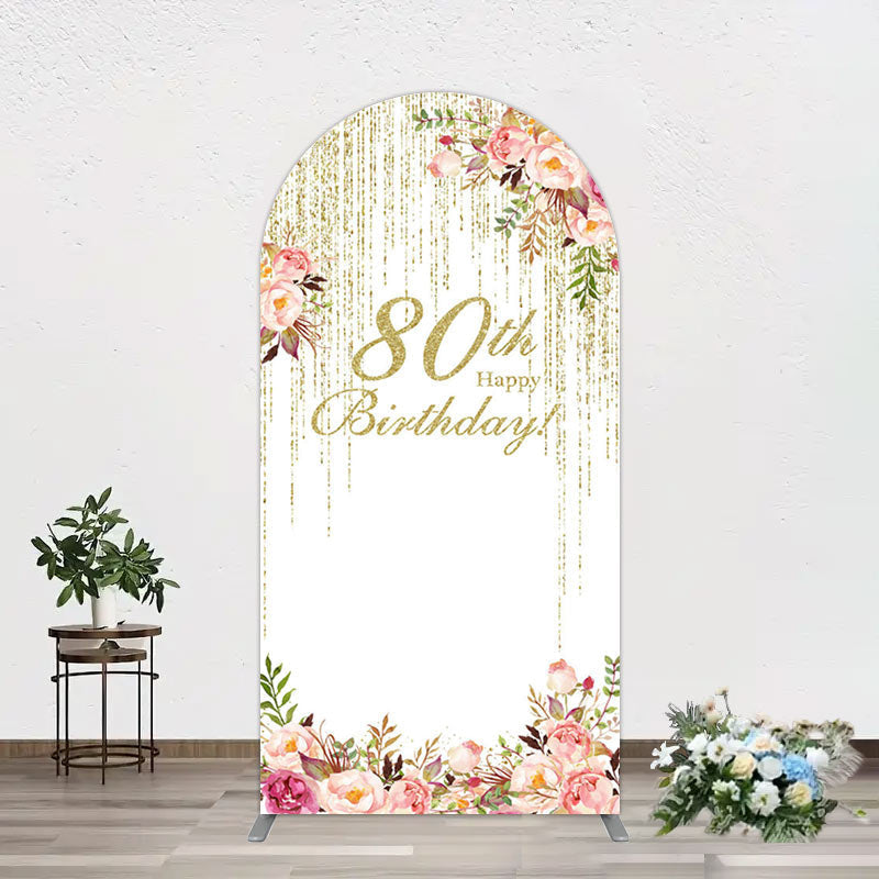 Aperturee - Aperturee Gold Glitter Floral 80th Birthday Arch Backdrop