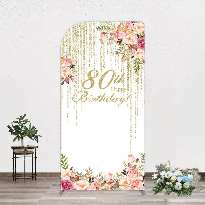 Aperturee - Aperturee Gold Glitter Floral 80th Birthday Arch Backdrop