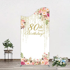 Aperturee - Aperturee Gold Glitter Floral 80th Birthday Arch Backdrop