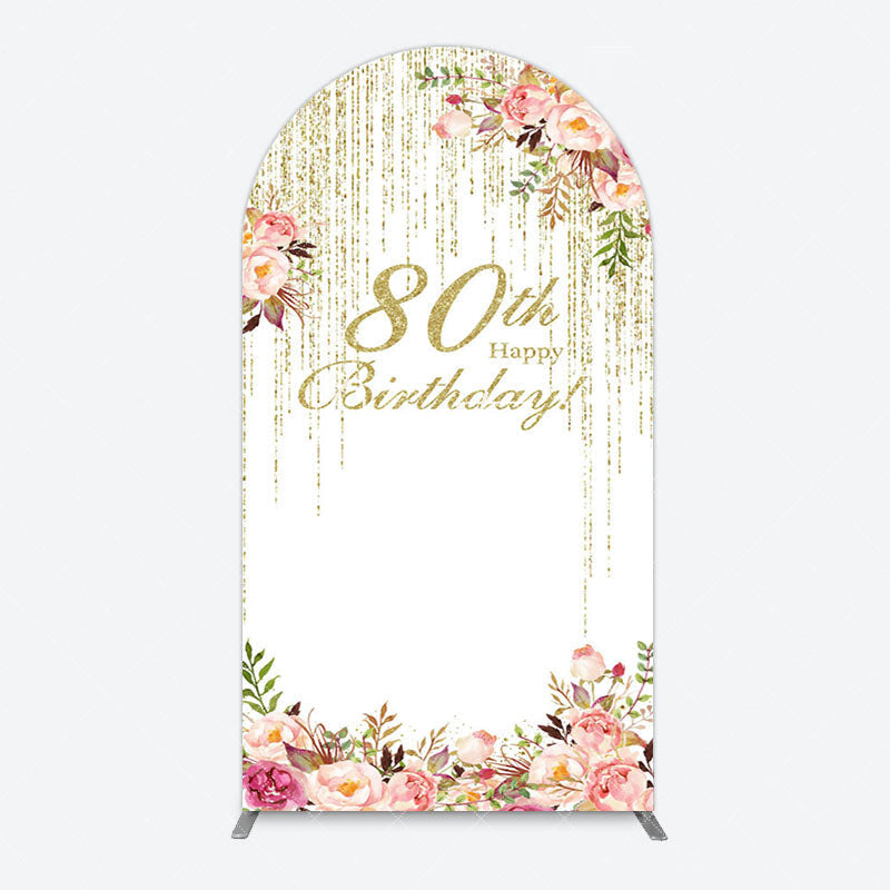 Aperturee - Aperturee Gold Glitter Floral 80th Birthday Arch Backdrop