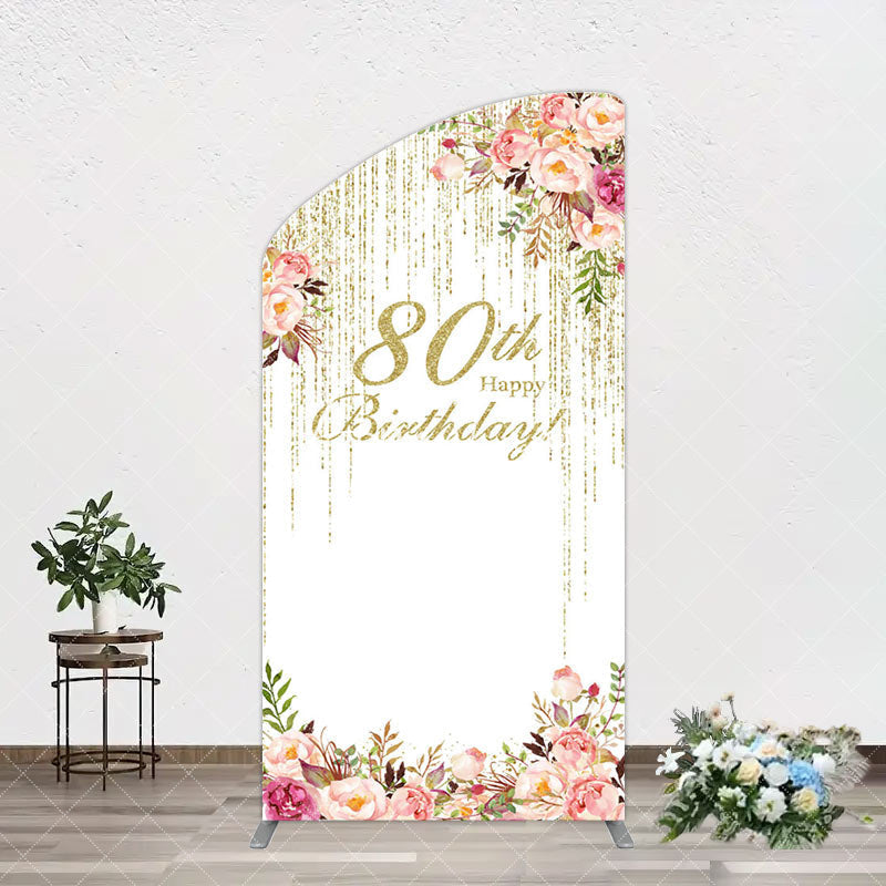 Aperturee - Aperturee Gold Glitter Floral 80th Birthday Arch Backdrop