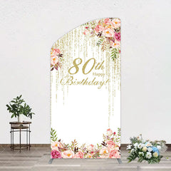 Aperturee - Aperturee Gold Glitter Floral 80th Birthday Arch Backdrop