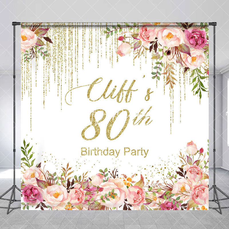 Aperturee - Aperturee Gold Glitter Floral Custom Name 80th Brithday Backdrop