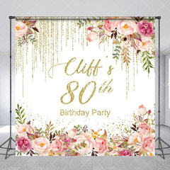 Aperturee - Aperturee Gold Glitter Floral Custom Name 80th Brithday Backdrop