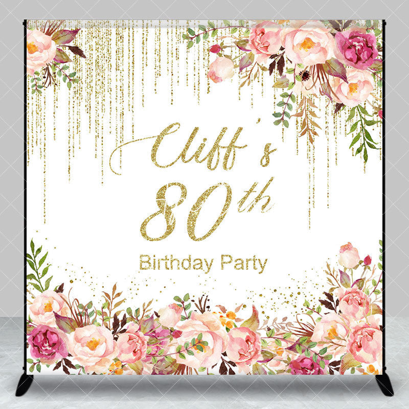 Aperturee - Aperturee Gold Glitter Floral Custom Name 80th Brithday Backdrop