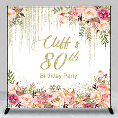 Aperturee - Aperturee Gold Glitter Floral Custom Name 80th Brithday Backdrop