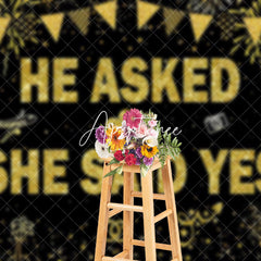 Aperturee - Aperturee Gold Glitter He Asked She Said Yes Wedding Backdrop