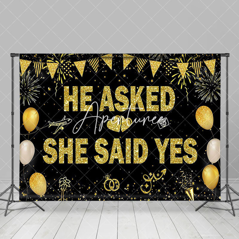 Aperturee - Aperturee Gold Glitter He Asked She Said Yes Wedding Backdrop