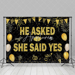 Aperturee - Aperturee Gold Glitter He Asked She Said Yes Wedding Backdrop