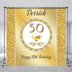 Aperturee - Aperturee Gold Glitter Pearl Custom Name 50th Birthday Backdrop