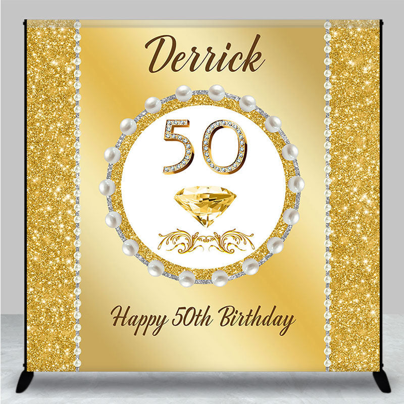 Aperturee - Aperturee Gold Glitter Pearl Custom Name 50th Birthday Backdrop