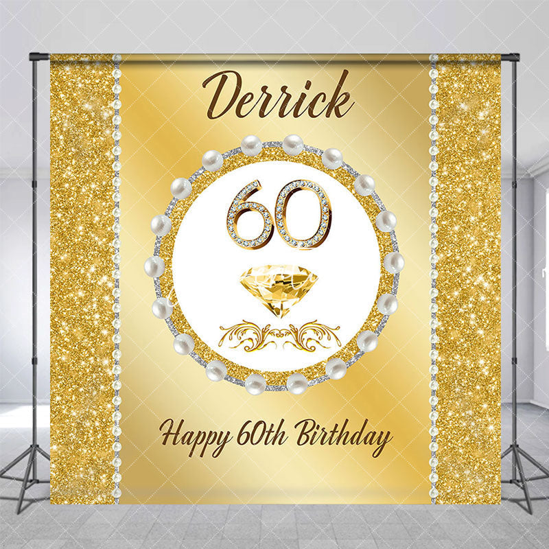 Aperturee - Aperturee Gold Glitter Pearl Custom Name 60th Birthday Backdrop