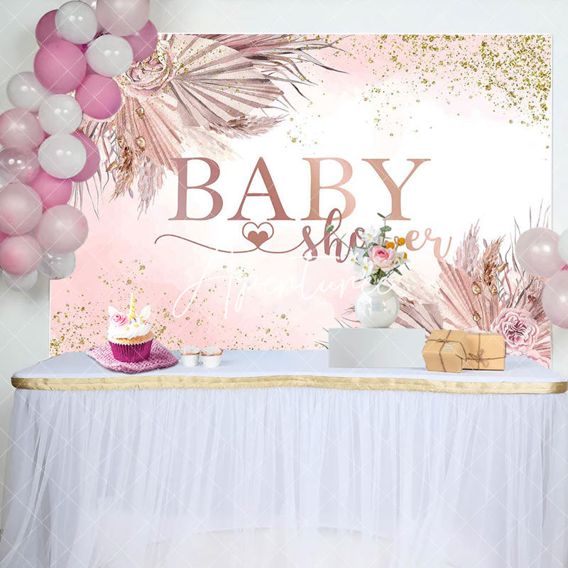 Aperturee - Aperturee Gold Glitter Pink Boho Floral Baby Shower Backdrop