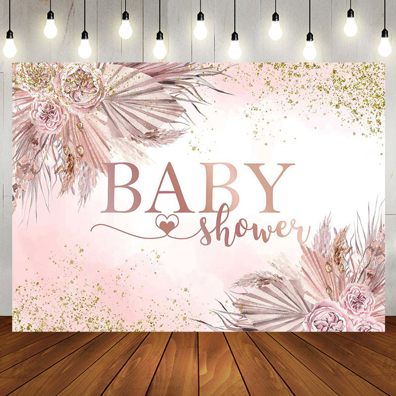 Aperturee - Aperturee Gold Glitter Pink Boho Floral Baby Shower Backdrop