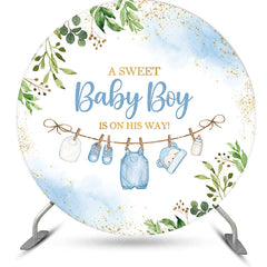 Aperturee - Aperturee Gold Glitter Plant Sweet Baby Boy Blue Round Backdrop