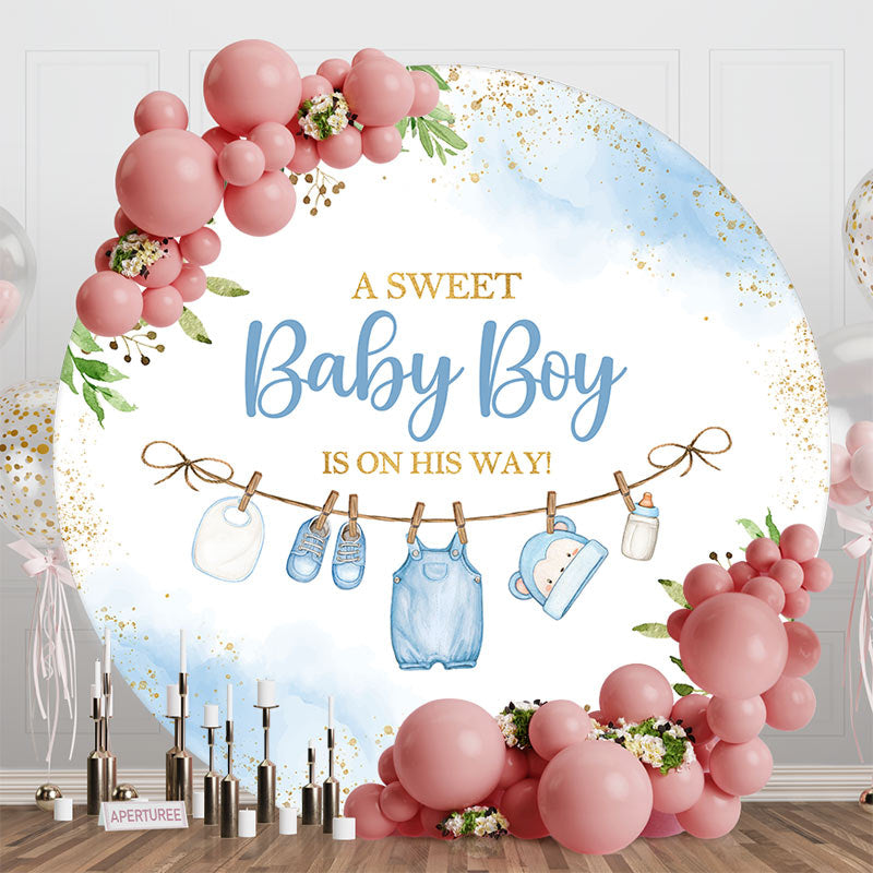 Aperturee - Aperturee Gold Glitter Plant Sweet Baby Boy Blue Round Backdrop