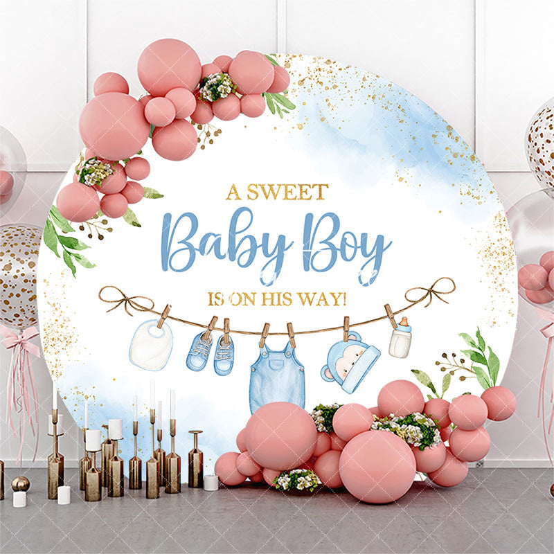 Aperturee - Aperturee Gold Glitter Plant Sweet Baby Boy Blue Round Backdrop