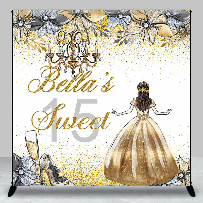 Aperturee - Aperturee Gold Glitter Princess Custom Name Sweet 15 Backdrop