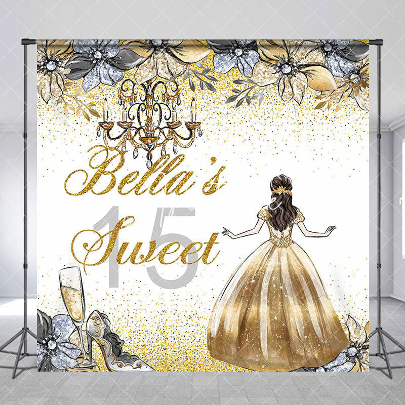 Aperturee - Aperturee Gold Glitter Princess Custom Name Sweet 15 Backdrop