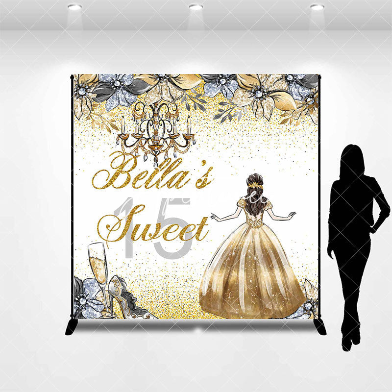 Aperturee - Aperturee Gold Glitter Princess Custom Name Sweet 15 Backdrop