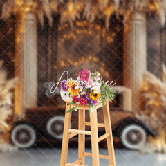 Aperturee - Aperturee Gold Glitter Retro Brown Truck Boho Wedding Backdrop