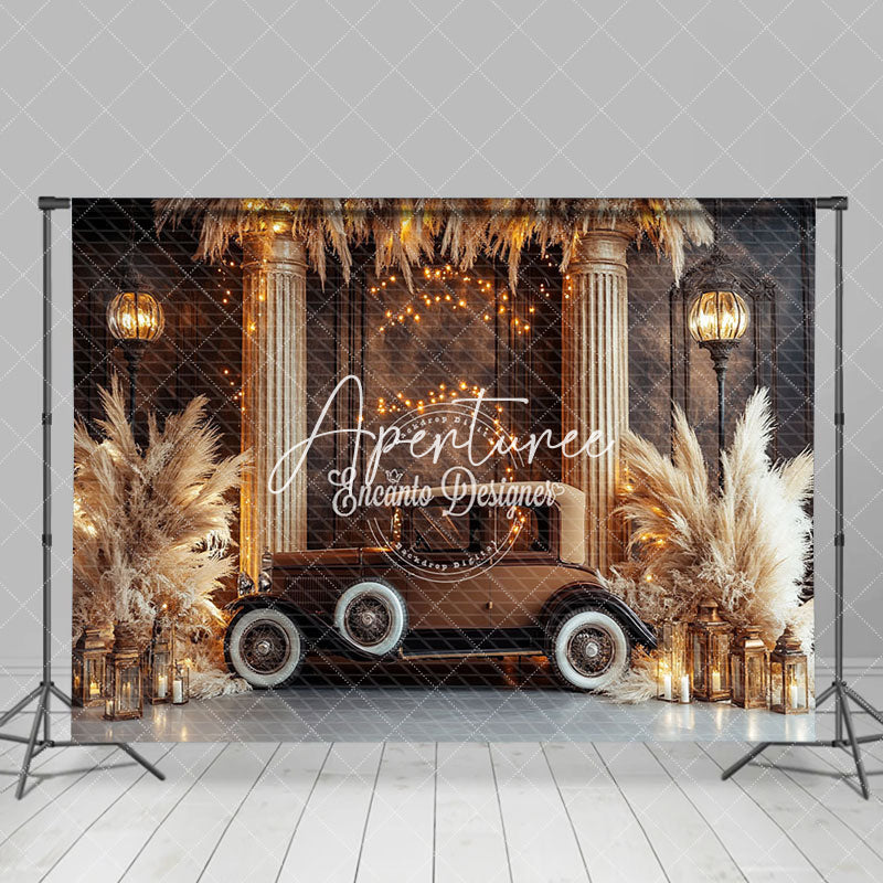 Aperturee - Aperturee Gold Glitter Retro Brown Truck Boho Wedding Backdrop