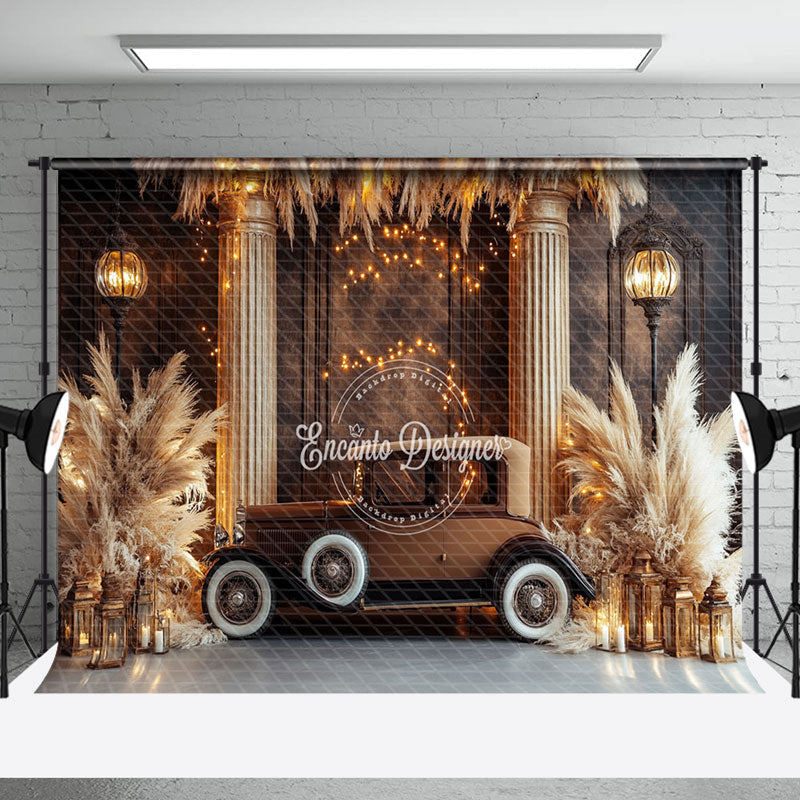 Aperturee - Aperturee Gold Glitter Retro Brown Truck Boho Wedding Backdrop