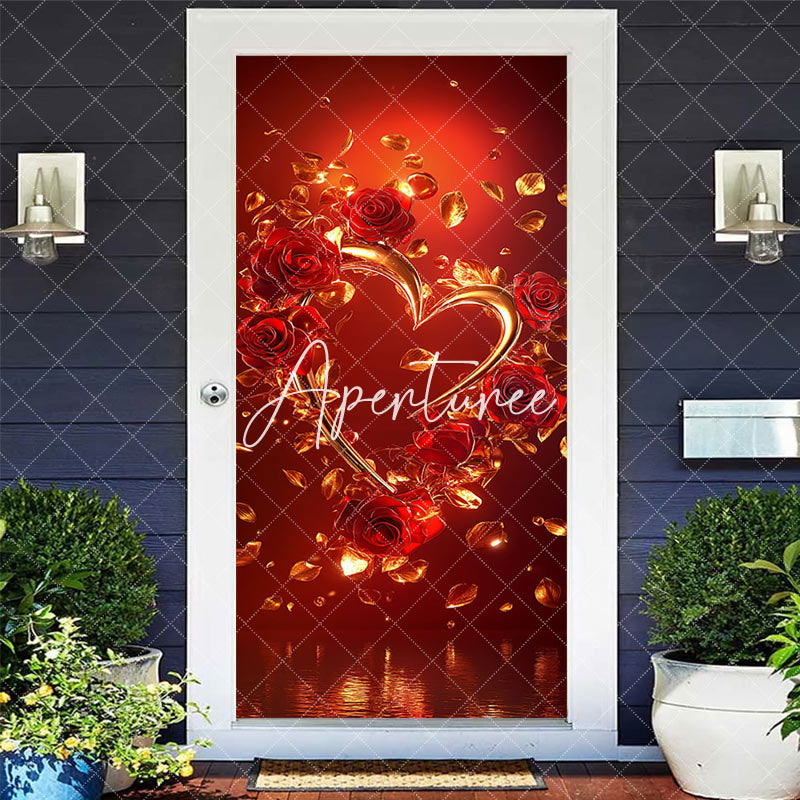 Aperturee - Aperturee Gold Heart Rose Romantic Valentines Day Door Cover