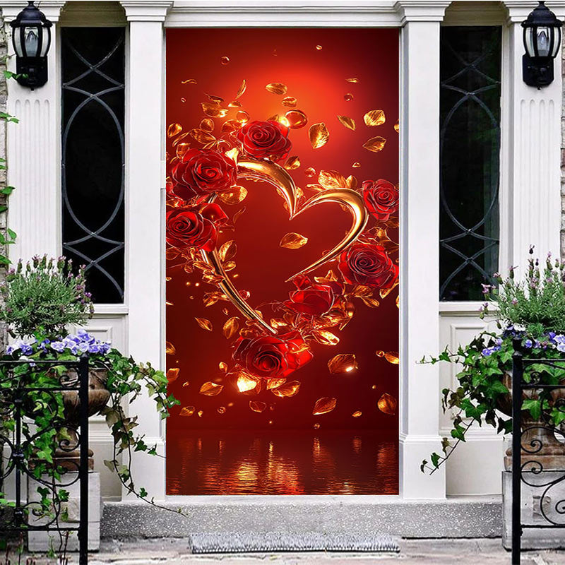 Aperturee - Aperturee Gold Heart Rose Romantic Valentines Day Door Cover