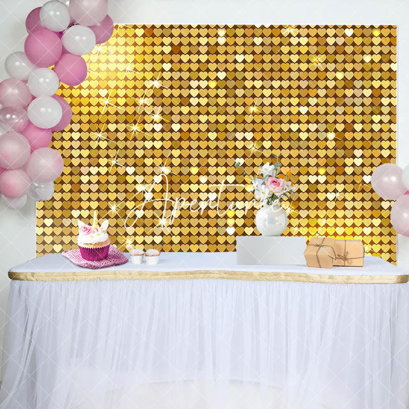 Aperturee - Aperturee Gold Heart Sequins Glitter Happy Birthday Backdrop