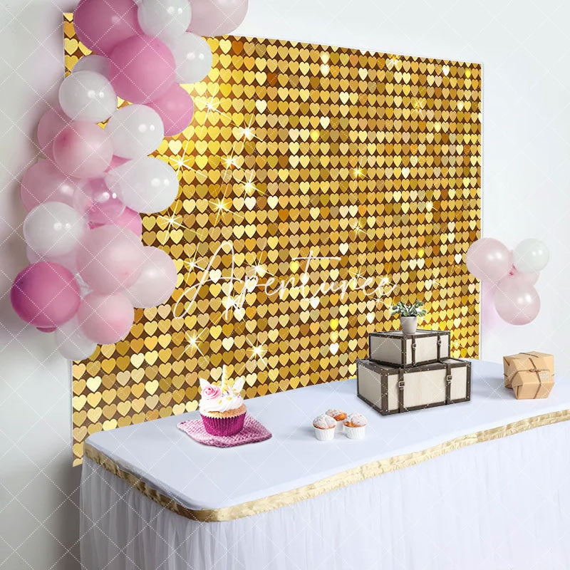 Aperturee - Aperturee Gold Heart Sequins Glitter Happy Birthday Backdrop