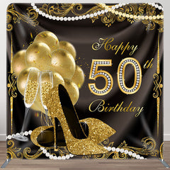 Aperturee - Aperturee Gold Heels Balloons Fabric Backdrop Cover for Birthday