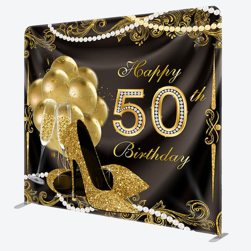 Aperturee - Aperturee Gold Heels Balloons Fabric Backdrop Cover for Birthday