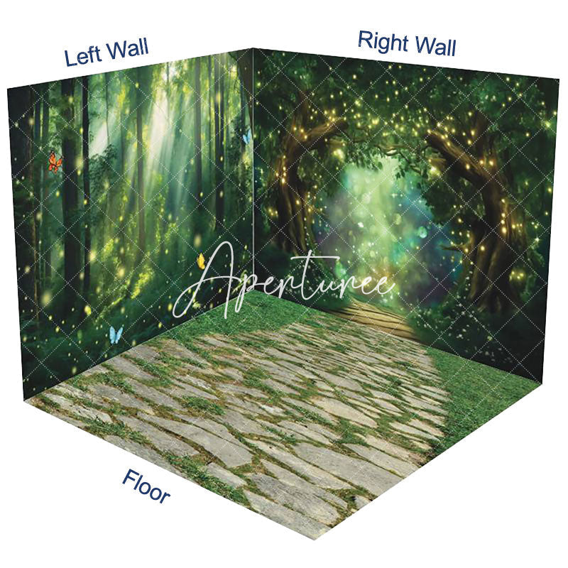 Aperturee - Aperturee Gold Light Glitter Green Forest Room Set Backdrop