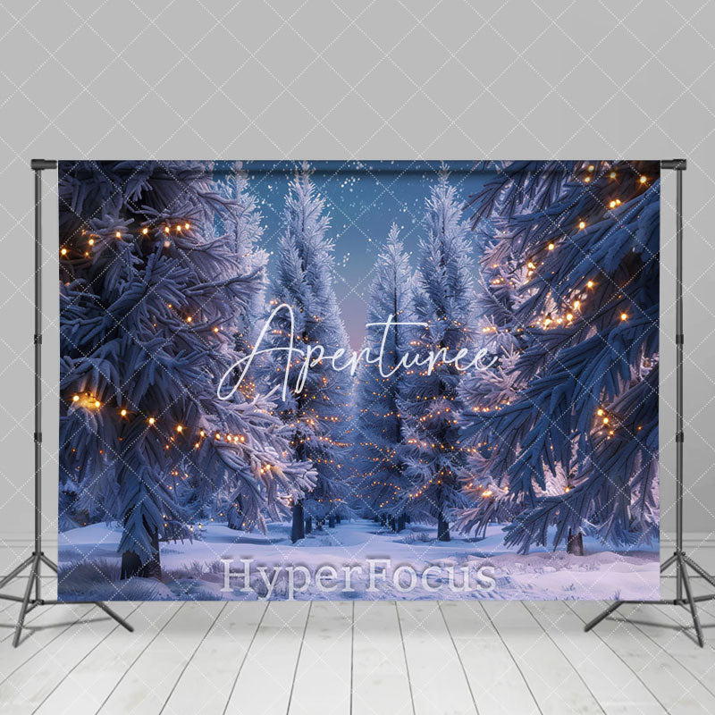 Aperturee - Aperturee Gold Light Snowy Pine Forest Christmas Backdrop