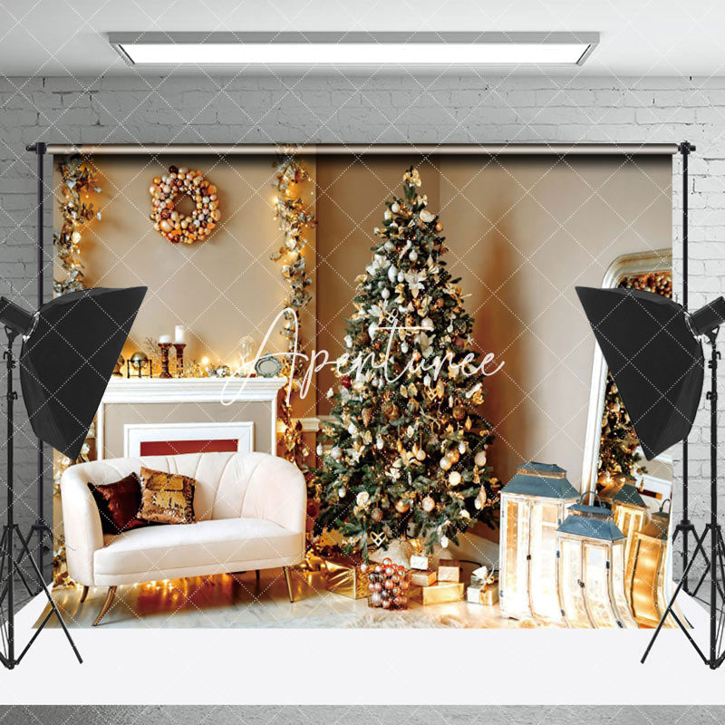 Aperturee - Aperturee Gold Pendant Tree Wreath Sofa Christmas Backdrop