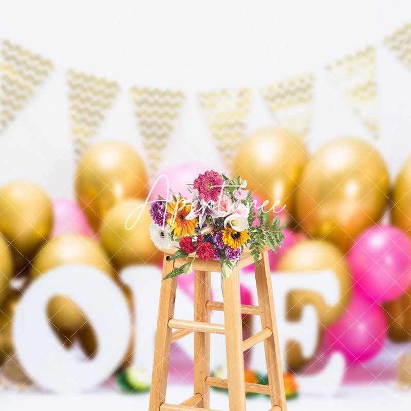 Aperturee - Aperturee Gold Pink Balloons 1St Birthday Photography Backdrop