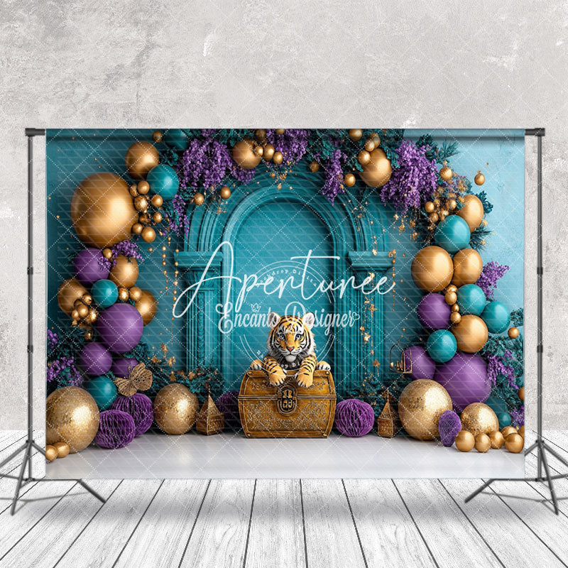 Aperturee - Aperturee Gold Purple Balloon Floral Tiger Cake Smash Backdrop