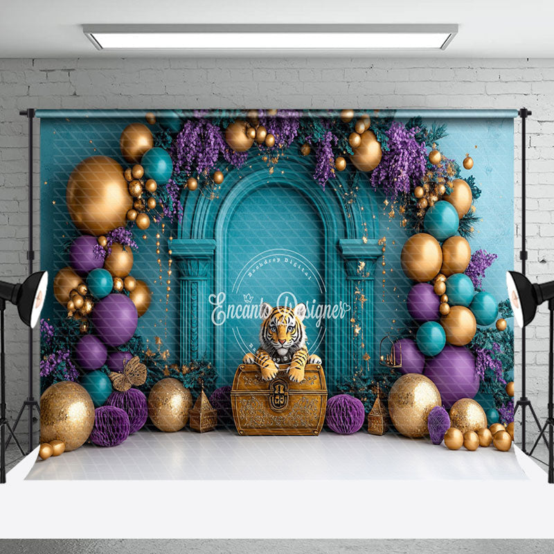 Aperturee - Aperturee Gold Purple Balloon Floral Tiger Cake Smash Backdrop